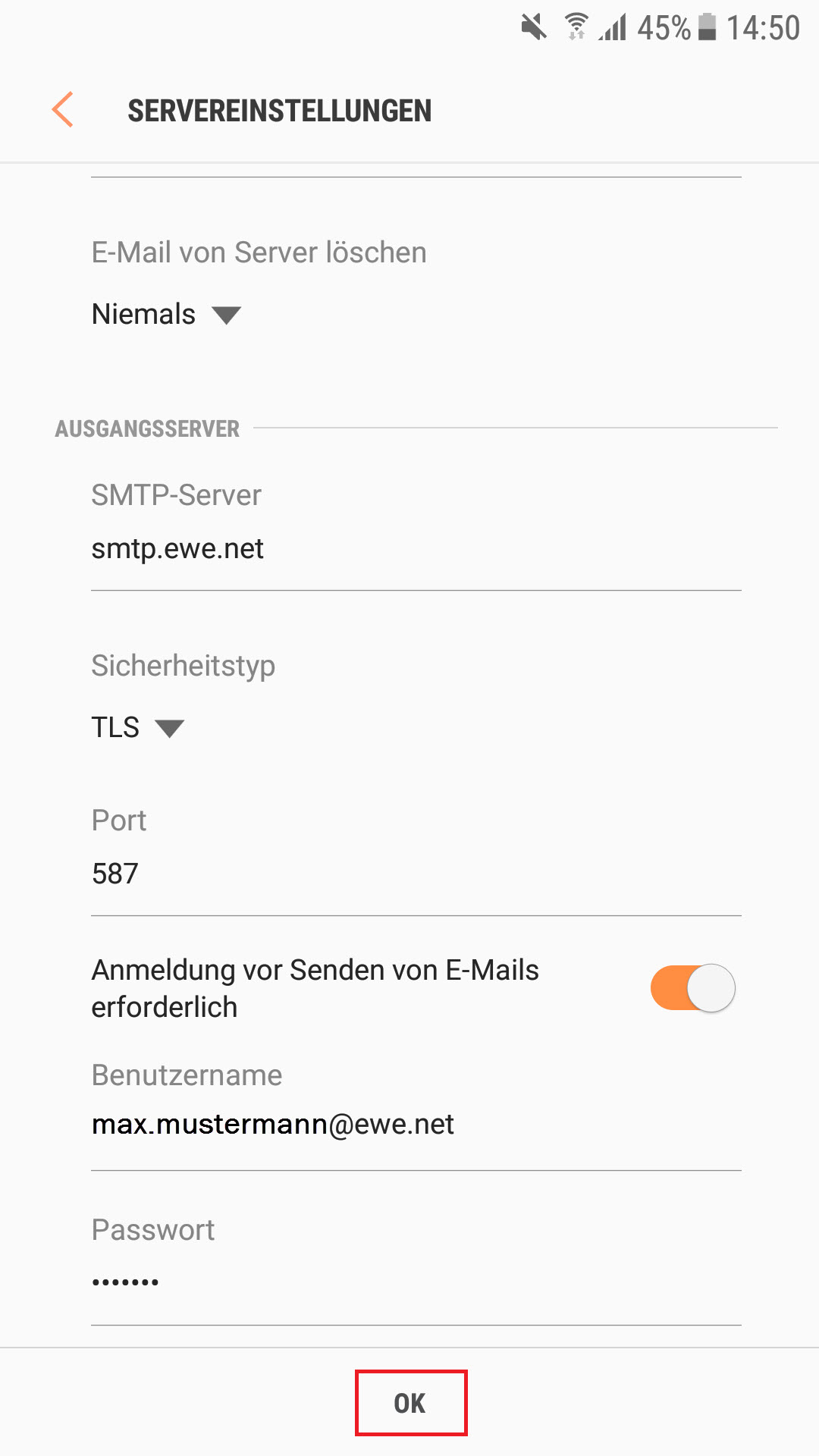 Servereinstellungen für den Postausgangsserver prüfen