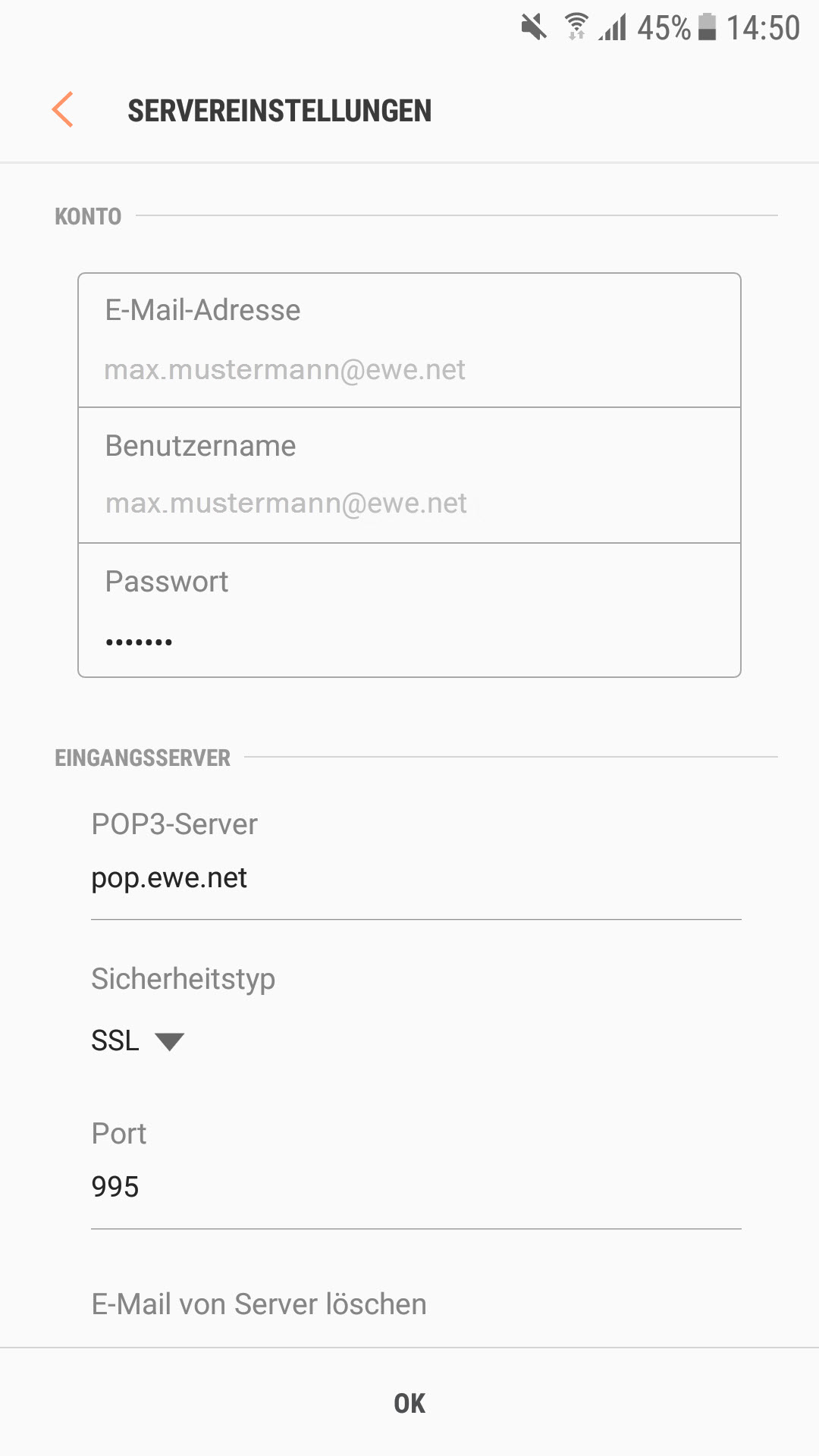 Servereinstellungen für den Posteingangsserver prüfen