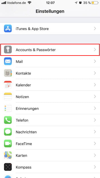 iOS11 Einstellungen Accounts und Passwoerter