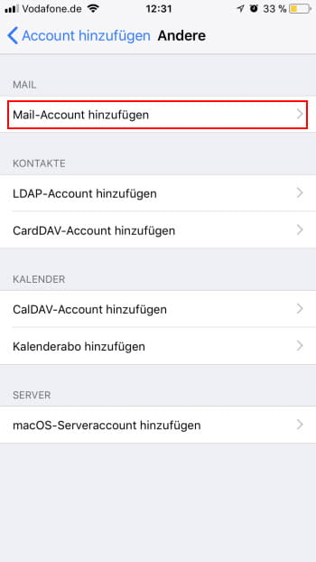 iOS Einstellungen Mail-Account hinzufuegen