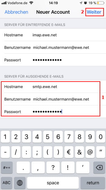 iOS Einstellungen Neuer Account POP SMTP Hostname Benutzername Passwort